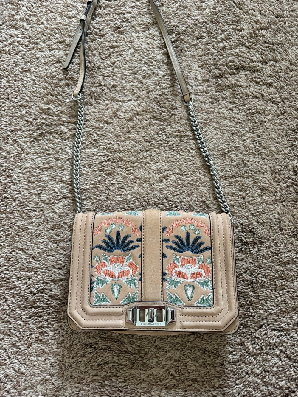 Beige Floral Embroidered Crossbody Bag